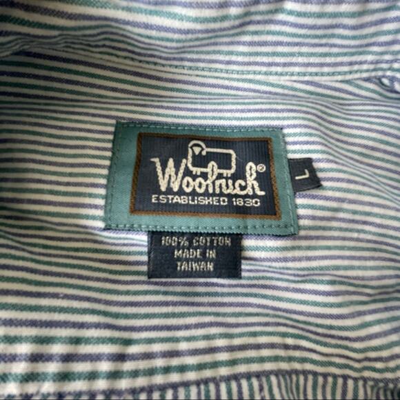 Vintage 1990s Woolrich Button Down Shirt Short Sleeve Stripe Blue Green Men L - Picture 5 of 11